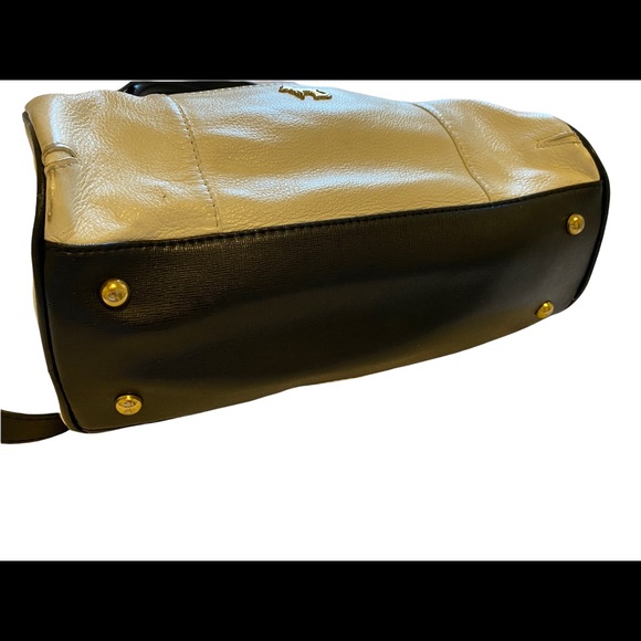 EMMA FOX Navy White Leather Zip Top Shoulder And Elbow Straps Satchel Bag - Picture 3 of 12